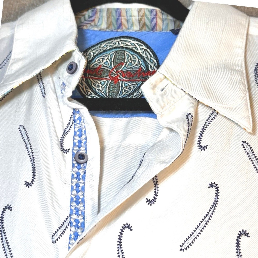 Robert Graham Button Up Shirt Mens Large White Embroidered Paisley Flip Cuff